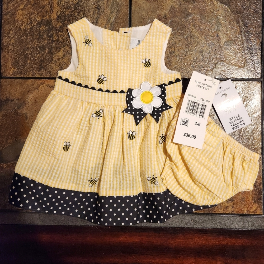 Baby girl yellow spring summer easter dress bumble bee 3 - 6 months